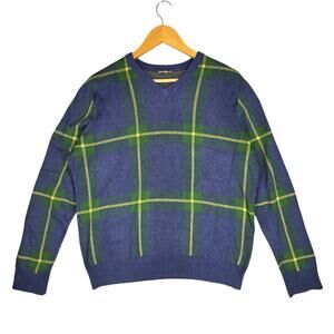 J.MCLAUGHLIN MEN'S HUGHES JACQUARD PLAID V‑NECK SWEATER BLUE GREEN YELLOW SIZE M